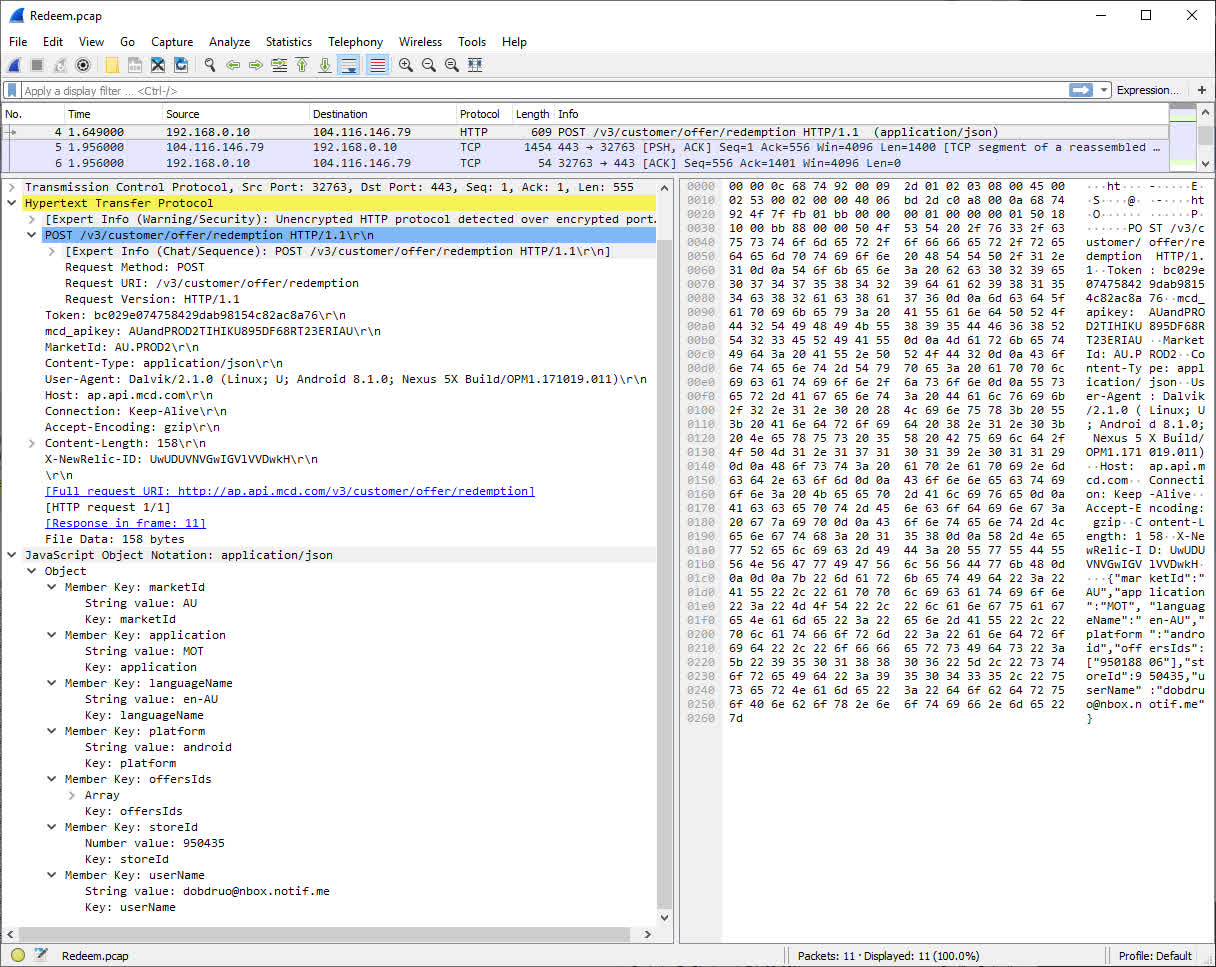 Wireshark window showing the information of a redemption request
